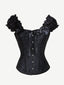 Romantic Ruched Black 12 Steel Boned Bow Corset Overbust Slim